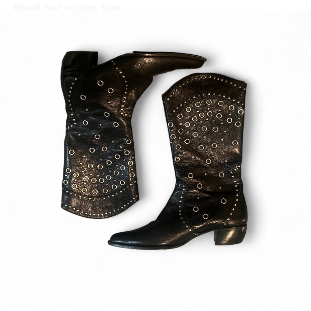 Vintage Black Leather Western Boots with Studs Charles jourdon paris
